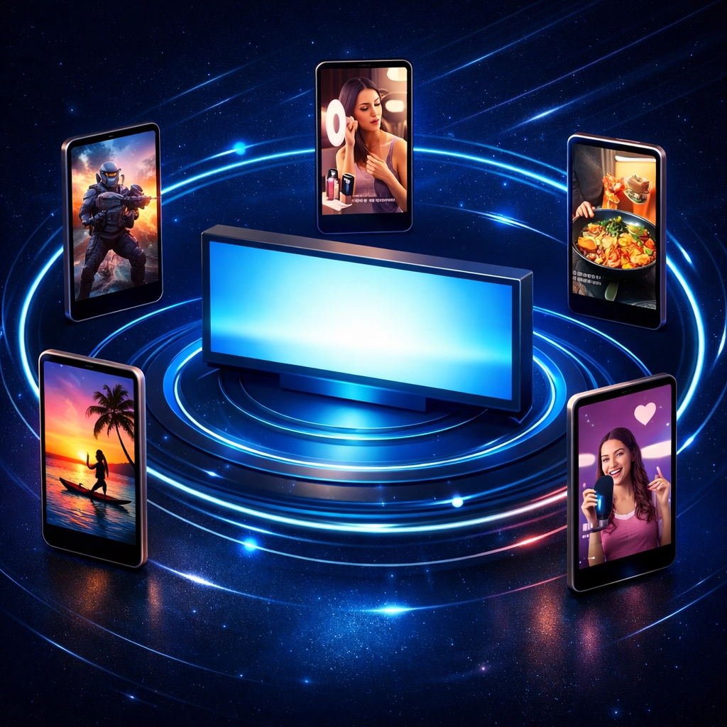 A digital ecosystem showing long-form video content repurposed into multiple YouTube Shorts for better reach.