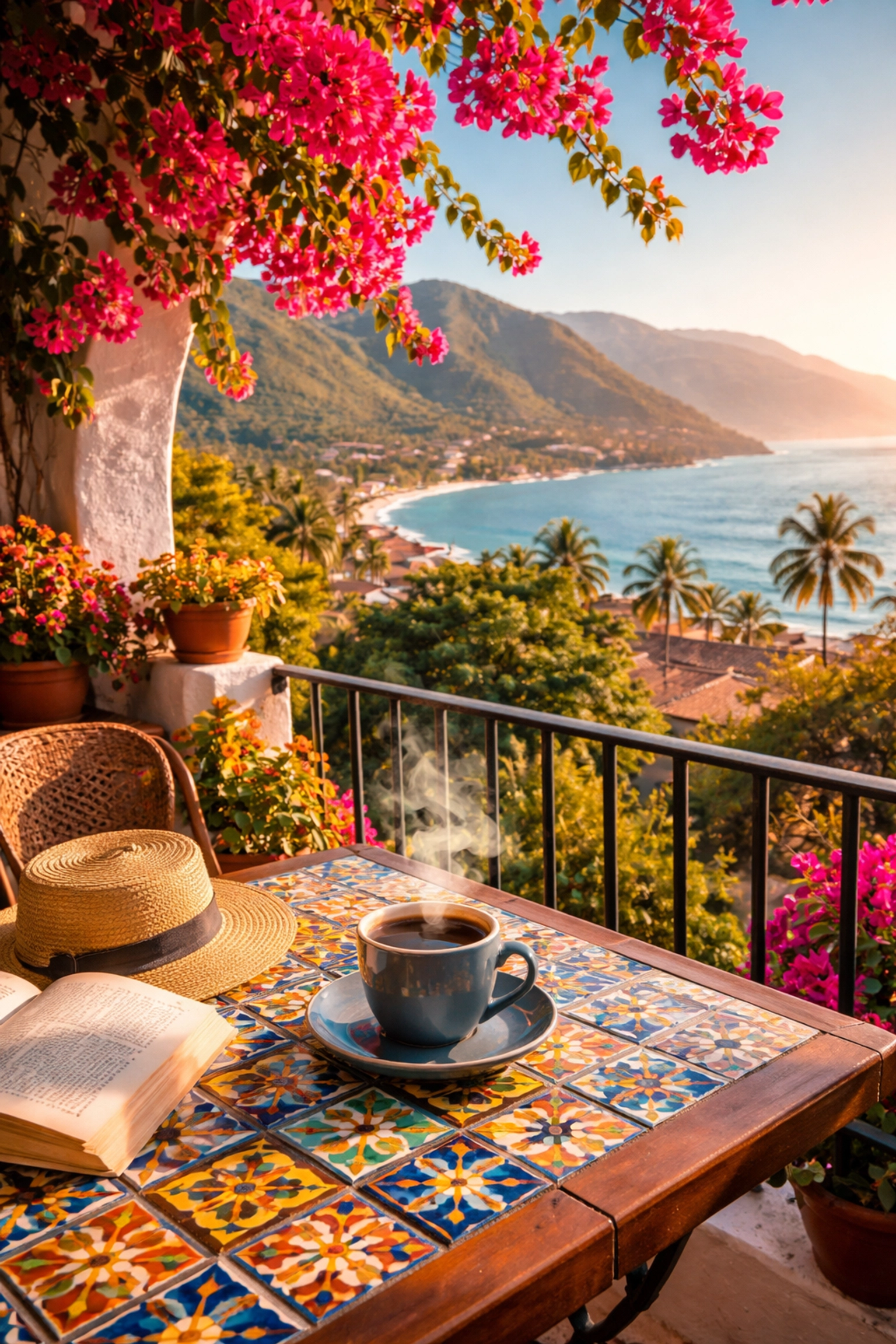 Balcony view in Puerto Vallarta with coffee, bougainvillea, and Banderas Bay at sunrise, Zona Romantica.