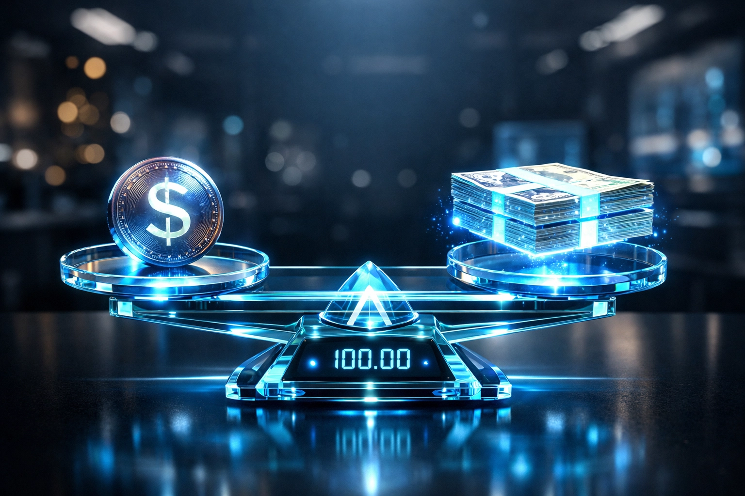 Digital scale balancing LUSD stablecoin against traditional currency for stable Web3 merchant payments.