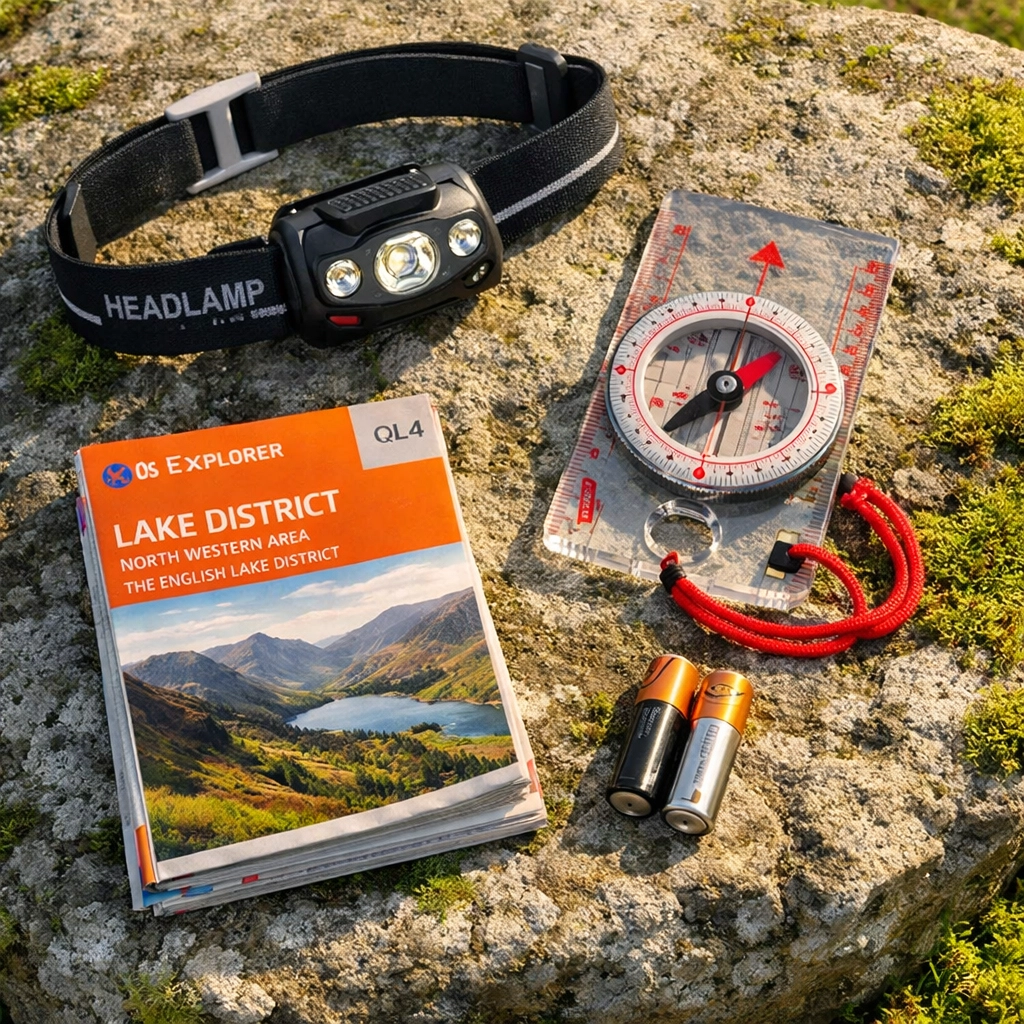 Essential night navigation gear for a camping adventure UK, including a headtorch, compass, and map.