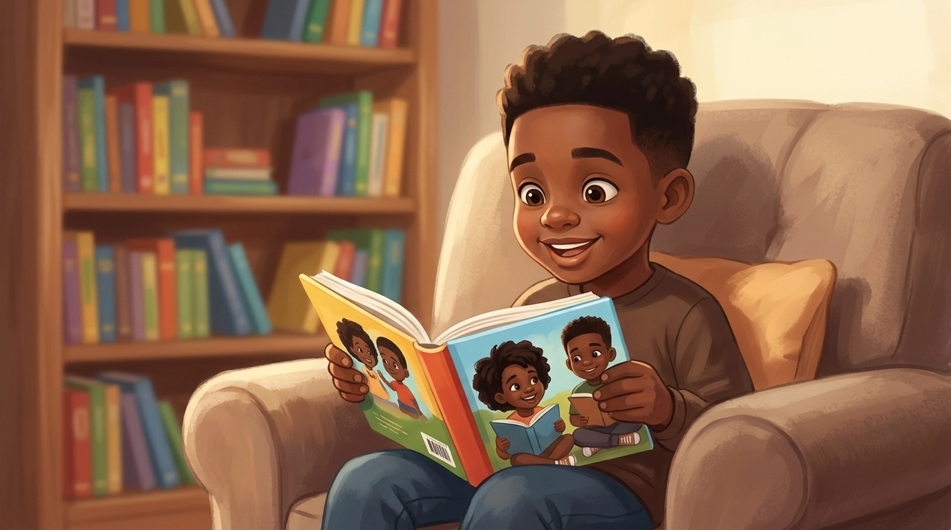 A young Black boy sitting comfortably in a cozy armchair, deeply engrossed in a vibrant book. The lighting is warm and diffused, creating a gentle contrast and an inviting atmosphere.