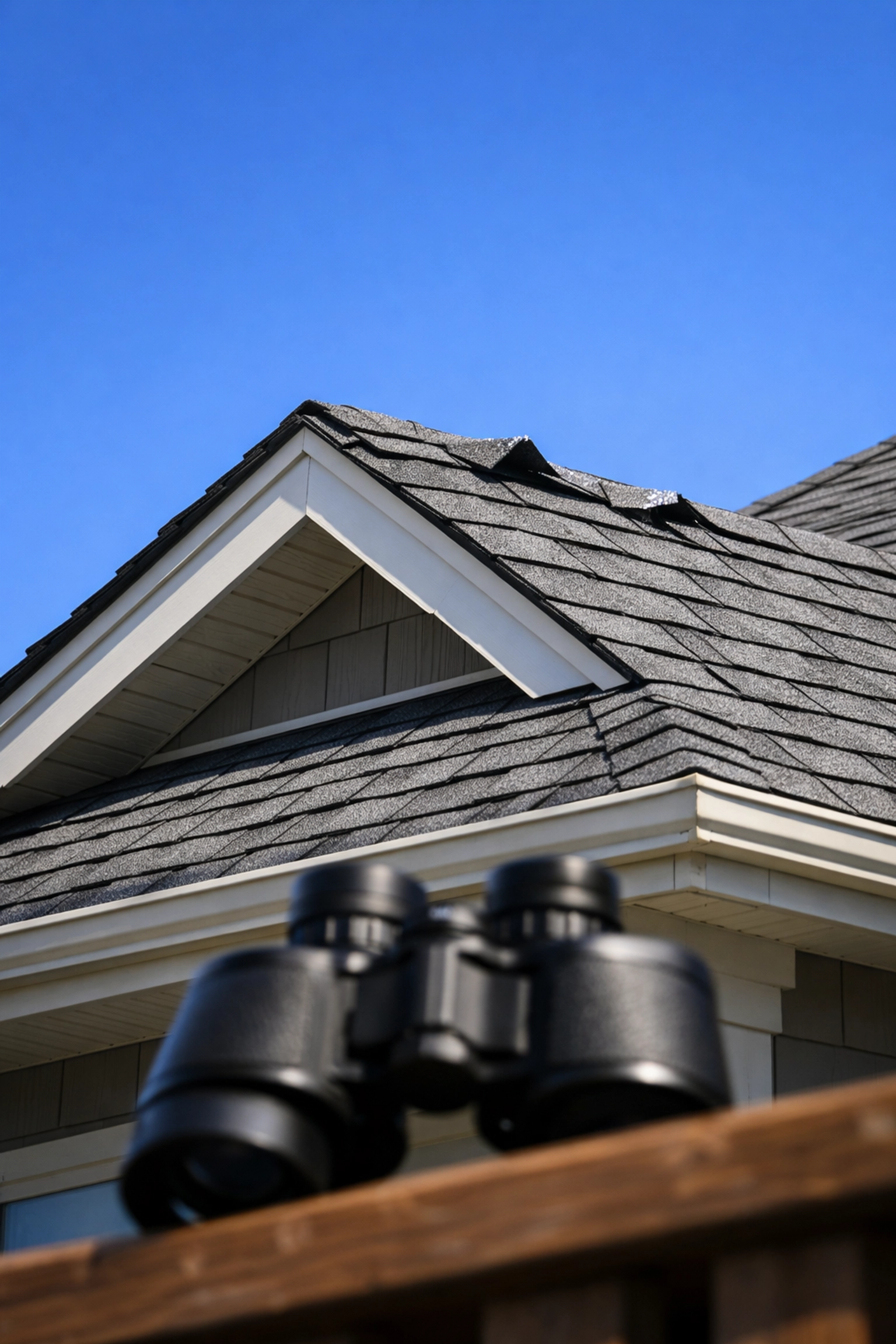 Inspecting roof shingles for damage and curled edges after a harsh Northern NY winter.