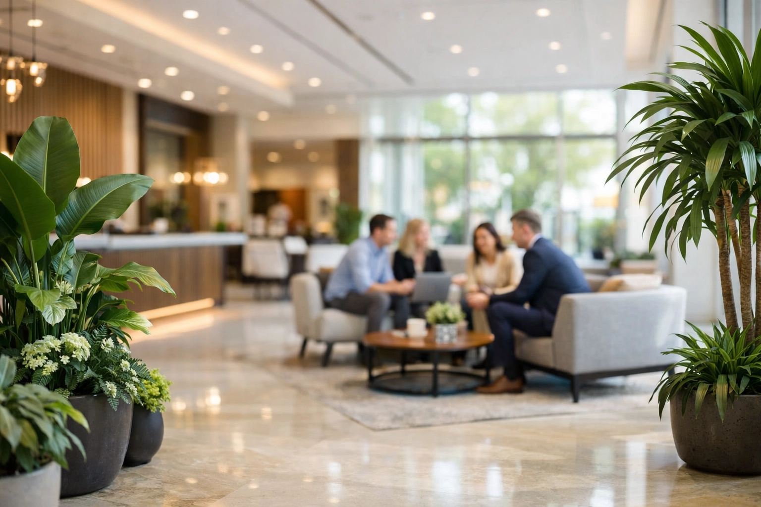 A healthy, pristine commercial lobby in Simcoe County maintained by professional commercial cleaning services.