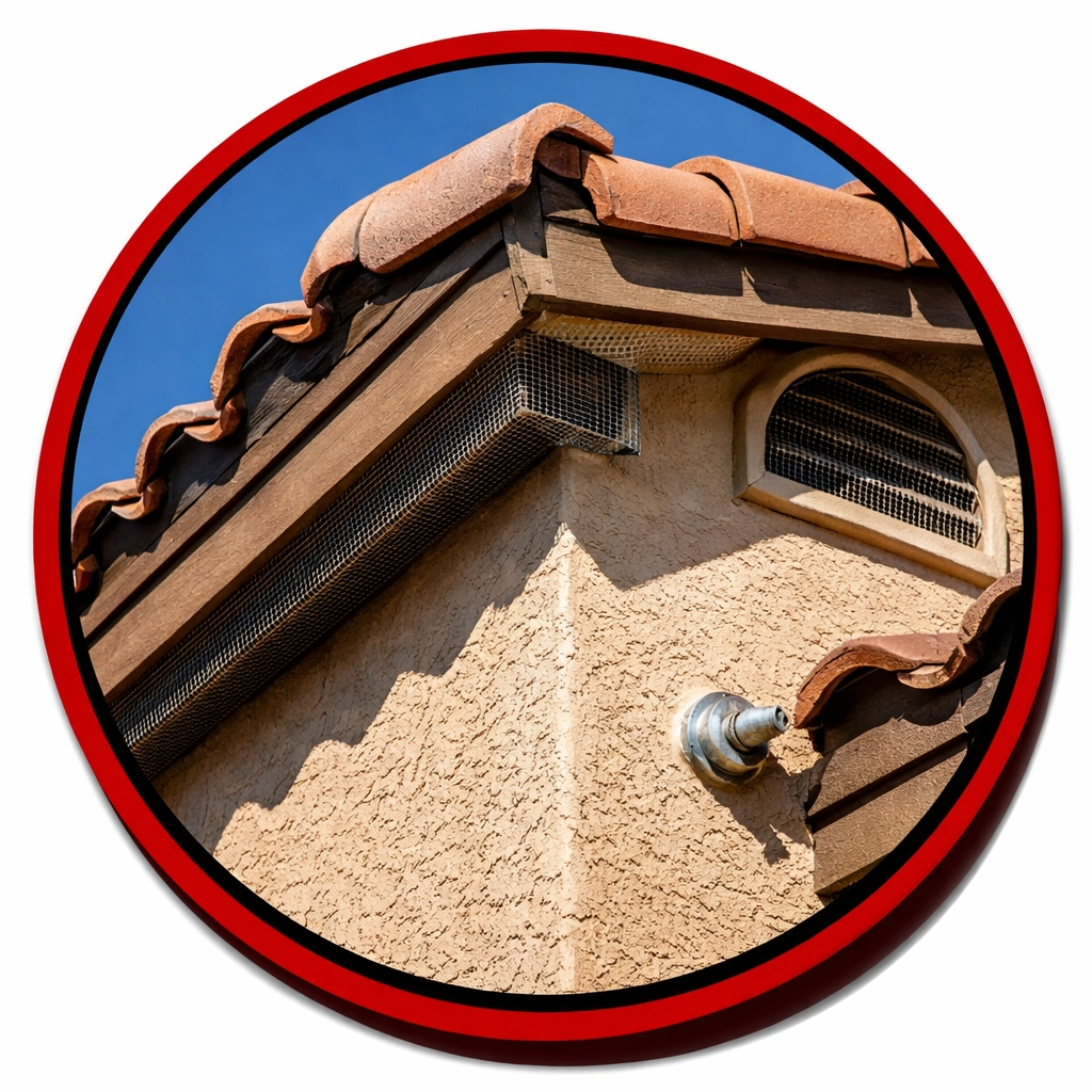 Arizona home roofline showing professional pest exclusion work on soffit vents and tile transitions