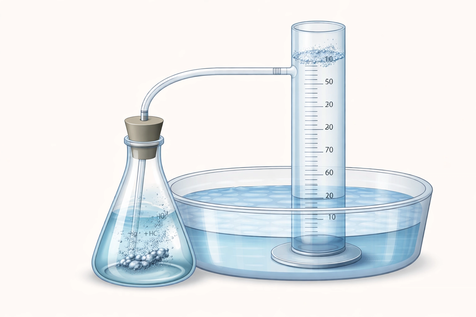 Laboratory setup for gas collection over water, demonstrating measurement of molar volume in chemistry