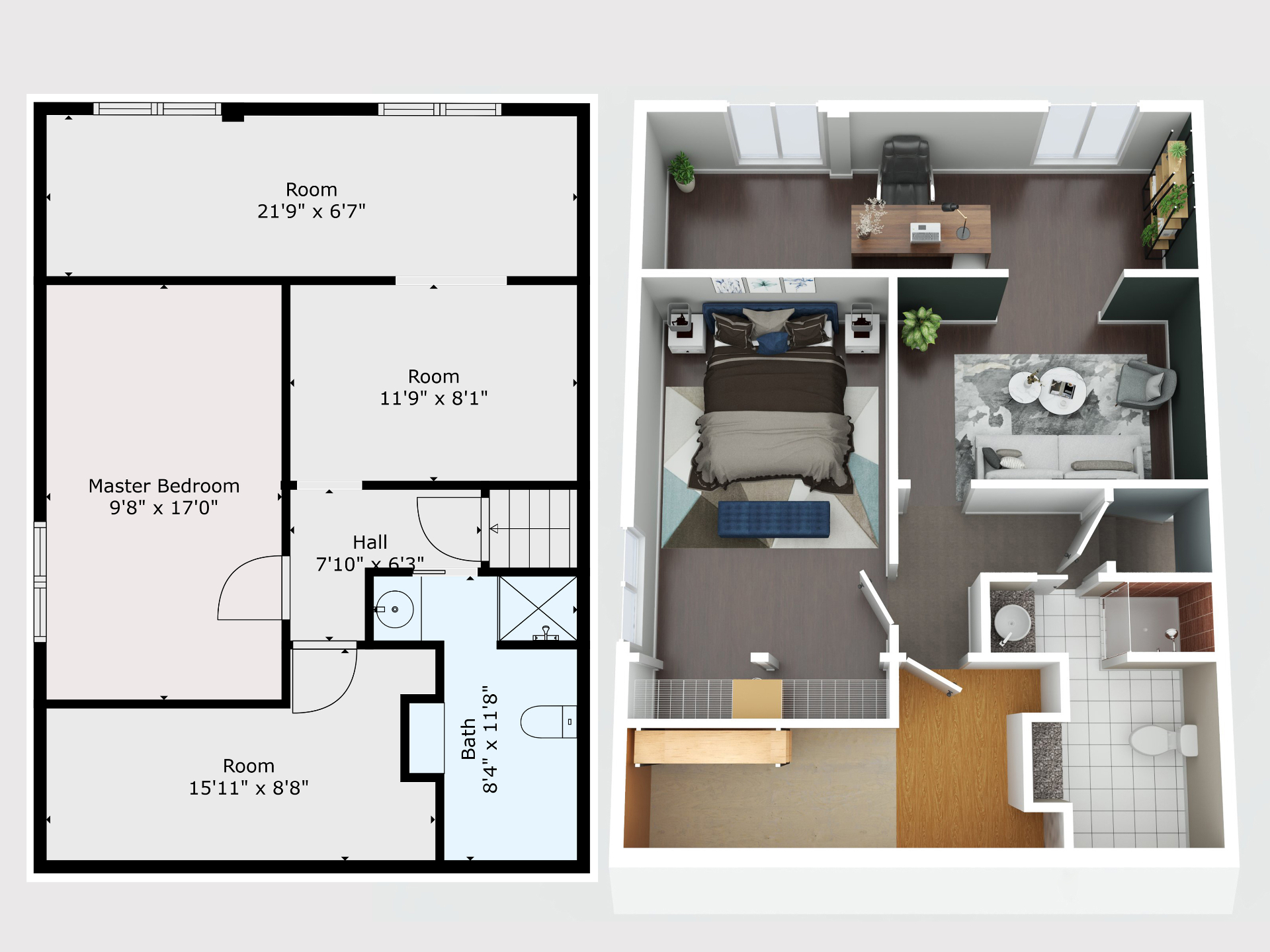 Side-by-side comparison of 2D and 3D floor plans A black-and-white 2D floor plan with dimensions and room labels is displayed alongside a fully furnished 3D floor plan of the same layout. This visual highlights professional floor plan services for real estate listings, providing clear spatial visualization and decor ideas, ideal for marketing properties.