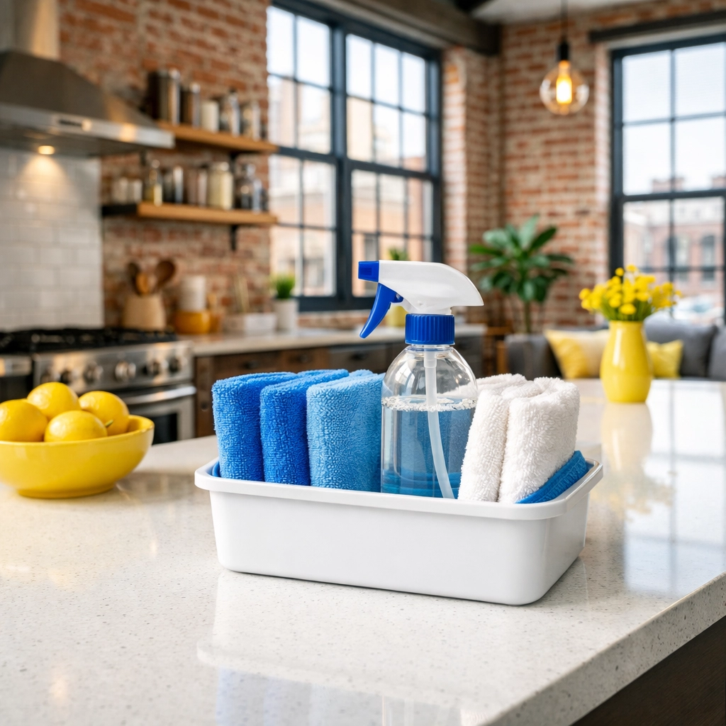 Eco-friendly apartment cleaning Massachusetts in a modern Springfield loft with professional cleaning supplies.