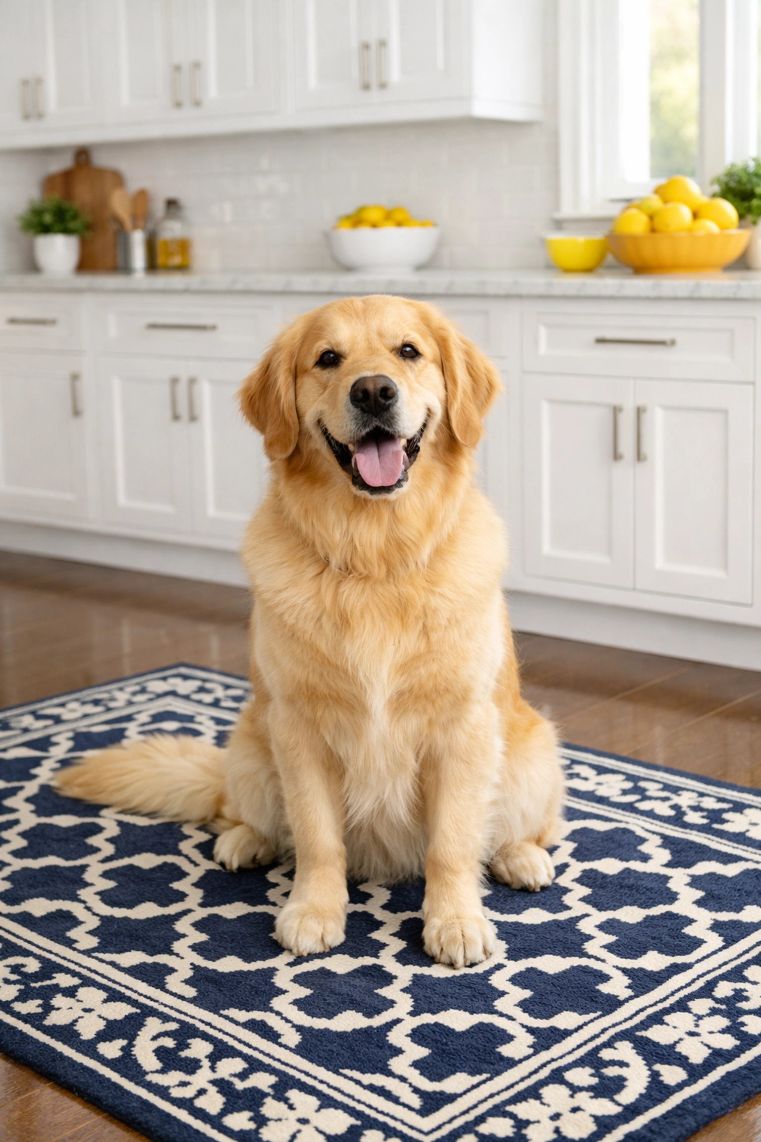 Spotless modern kitchen with a dog, demonstrating effective pet-friendly weekly cleaning in Massachusetts.