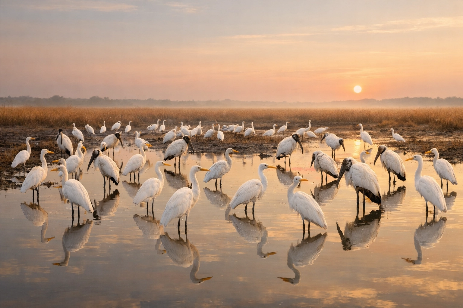 Dozens of Great Egrets and Wood Storks reflected in an Everglades pool at sunrise during the dry season.