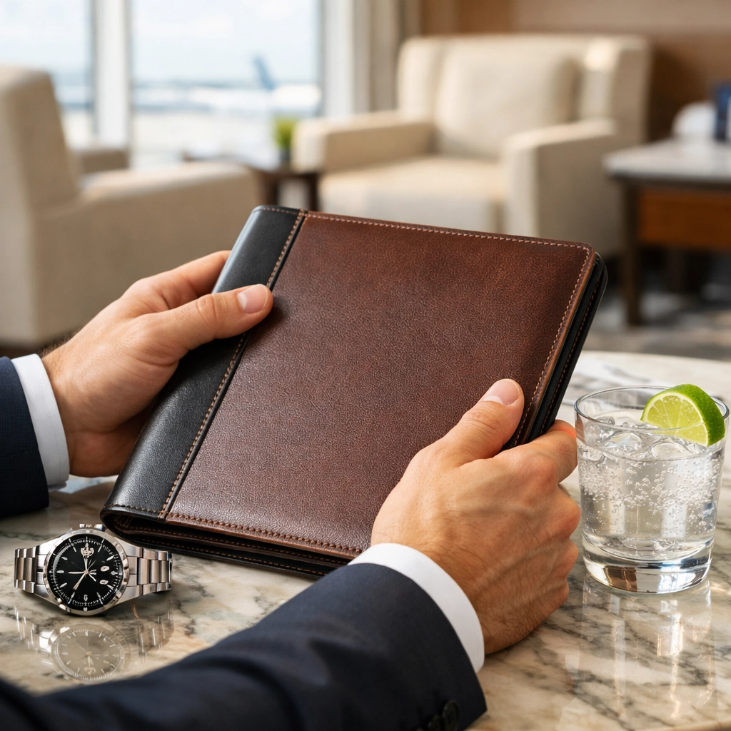 Professional travel manager planning high-stakes corporate logistics in a luxury VIP airport lounge.