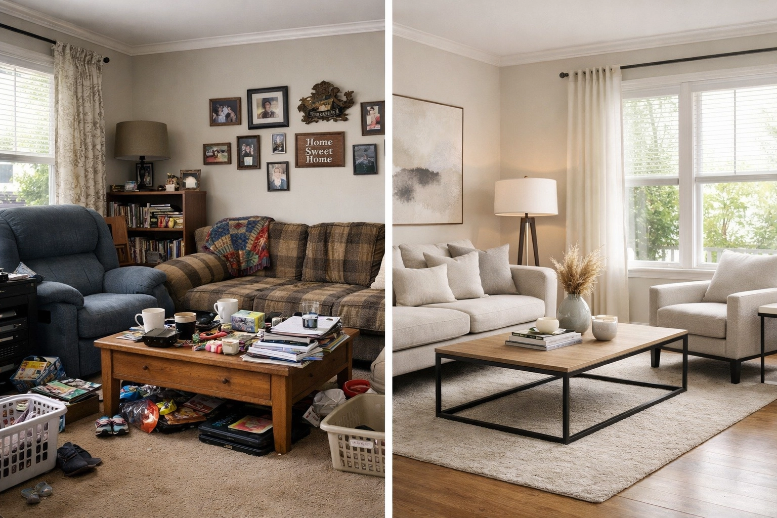 Before and after home staging transformation showing cluttered vs staged living room