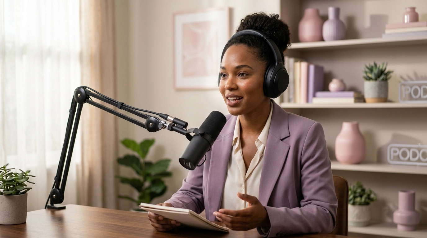 Ambitious woman speaking into a podcast microphone in a chic home office setting.