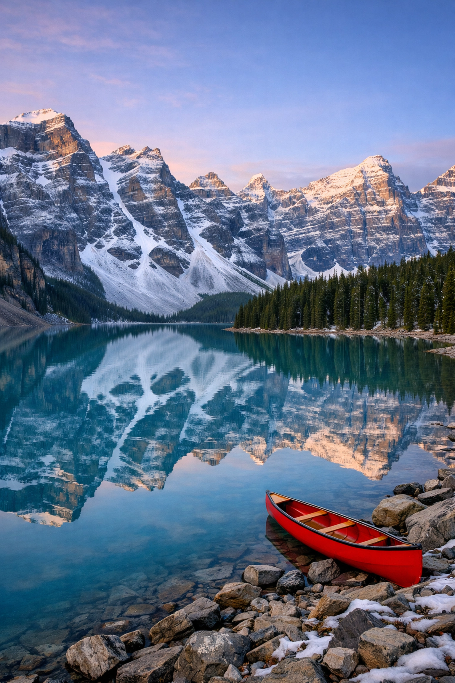 Turquoise waters of Moraine Lake in Banff National Park, a perfect photo spot for mountain reflections.