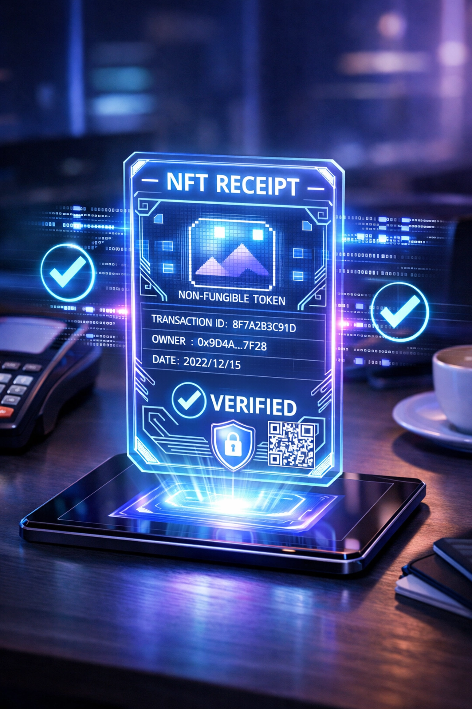 Holographic NFT receipt with blockchain verification for Larecoin merchant transactions