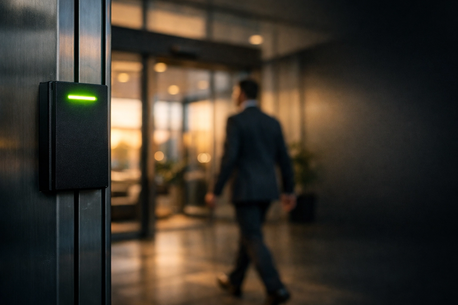 Enterprise physical security technology access control reader on a glass office door in Aurora, NE.