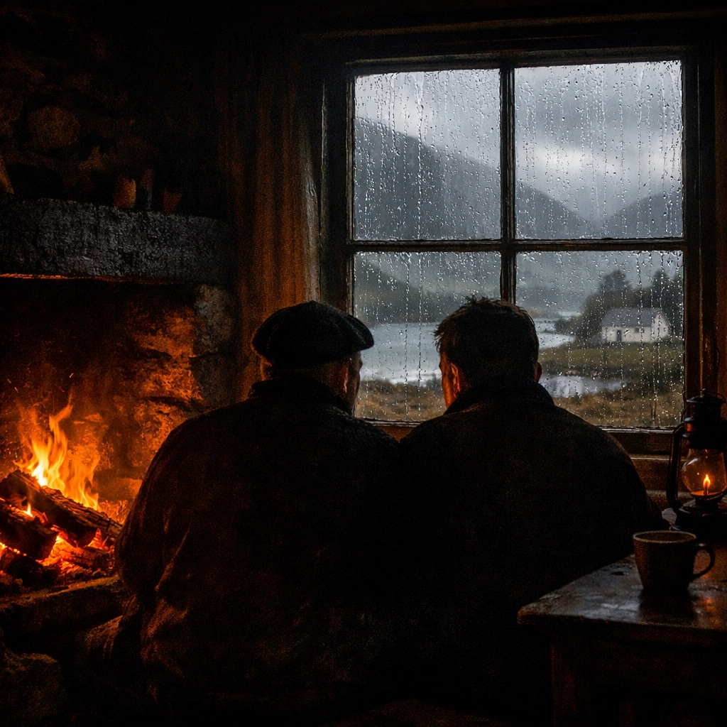 Two men by cozy fireplace in Scottish cottage during rainy Highland honeymoon afternoon