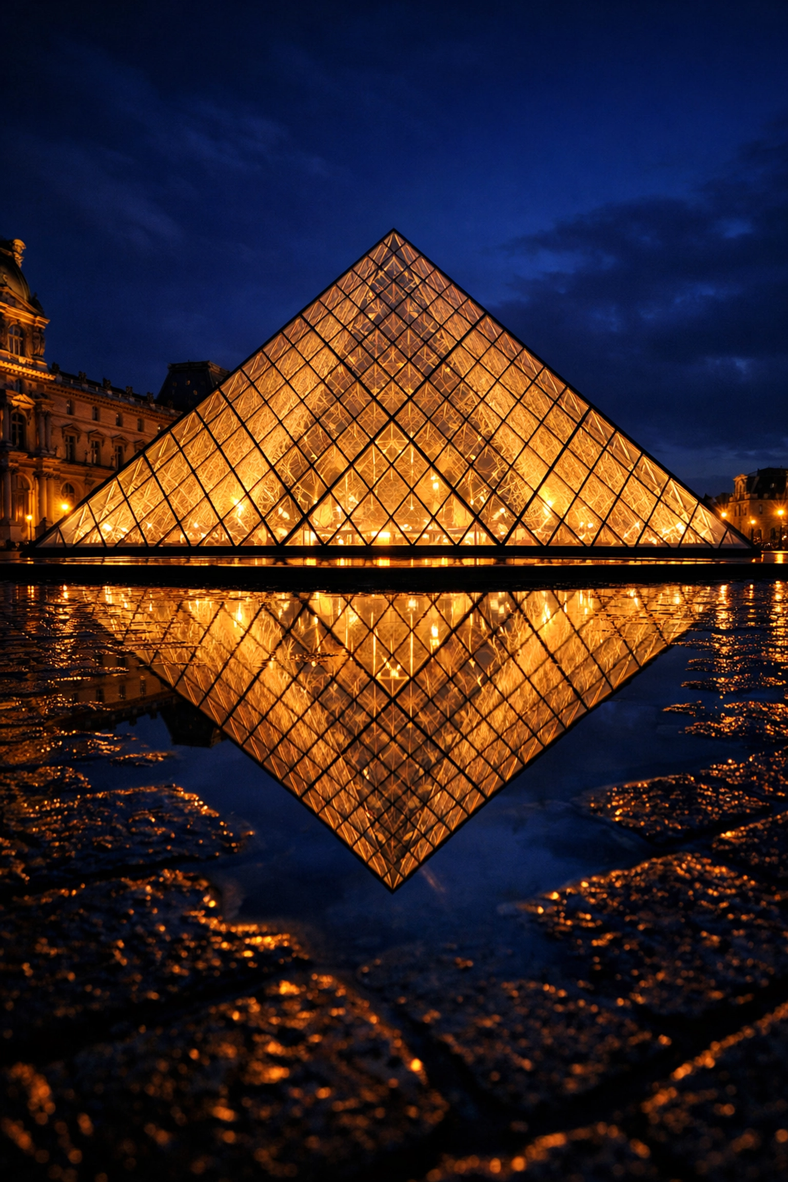 Louvre Pyramid reflections at night, one of the most instagrammable places in Paris for travel photography.