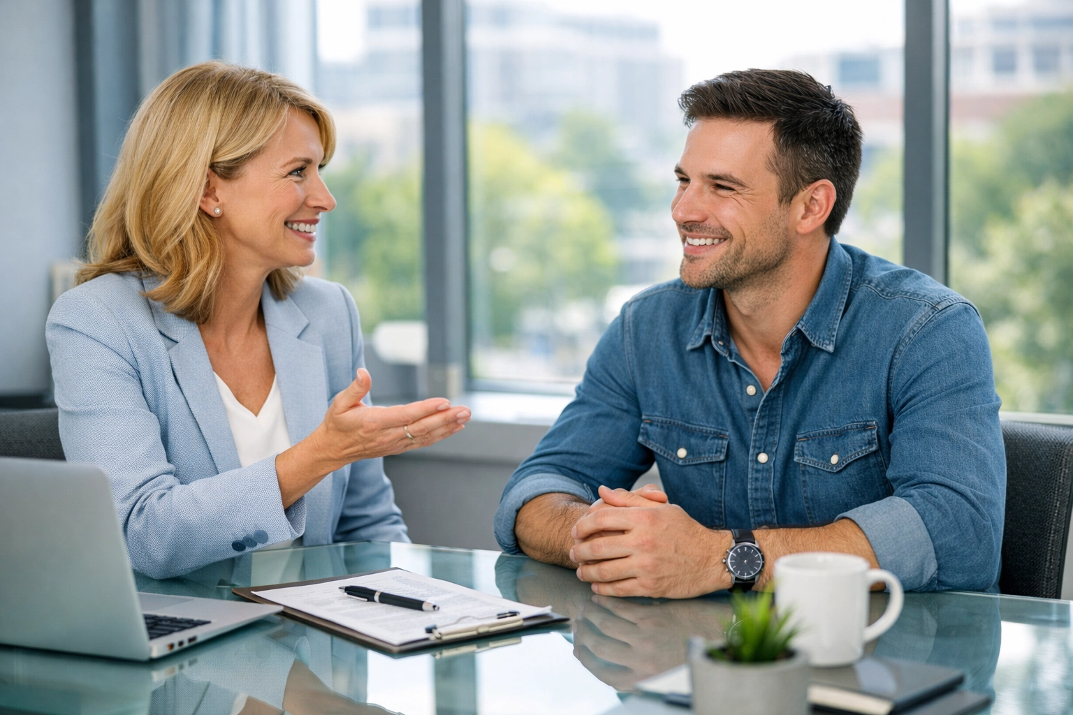 Friendly mortgage advisor in Woking providing expert remortgage guidance to a relaxed client.