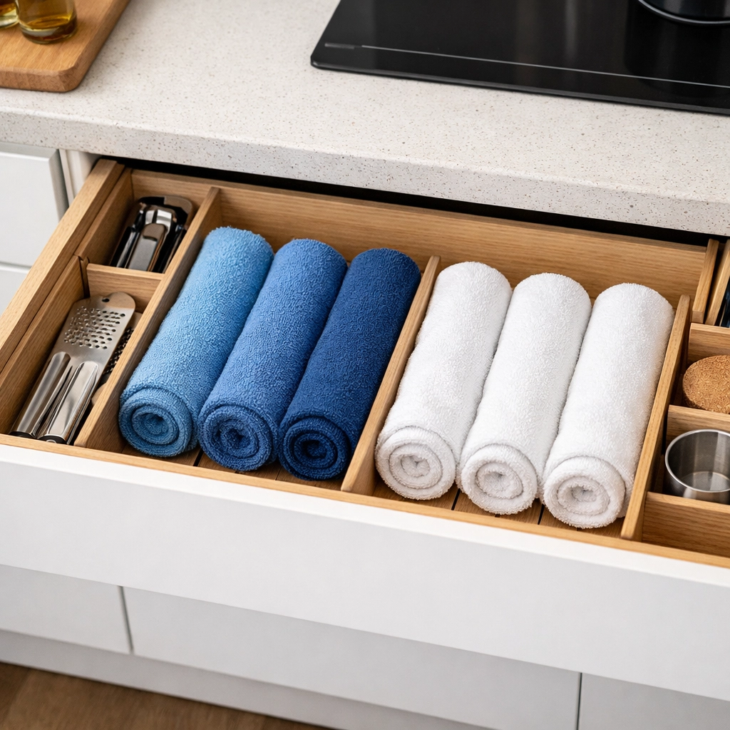 Space-saving storage of rolled microfiber cloths in a minimalist kitchen drawer.