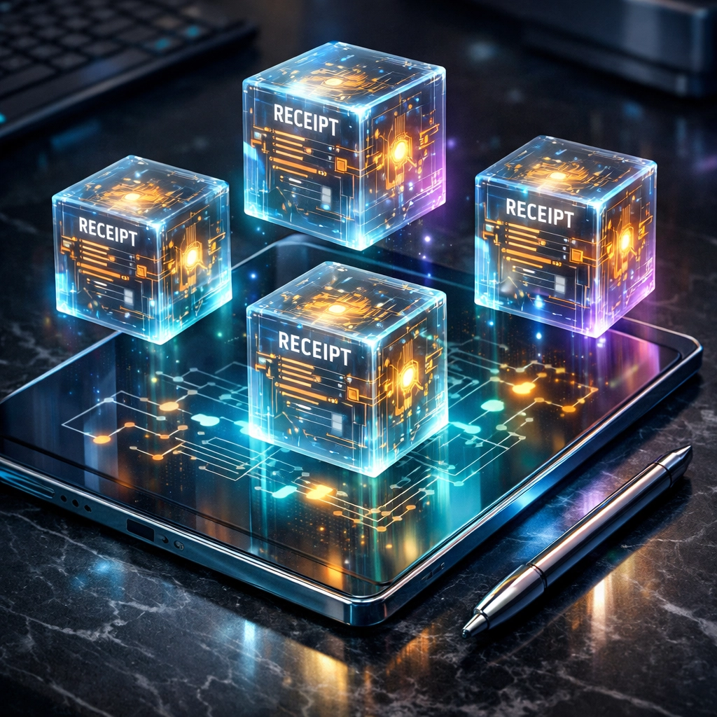 Futuristic holographic NFT receipts for automated blockchain accounting and secure Web3 merchant records.