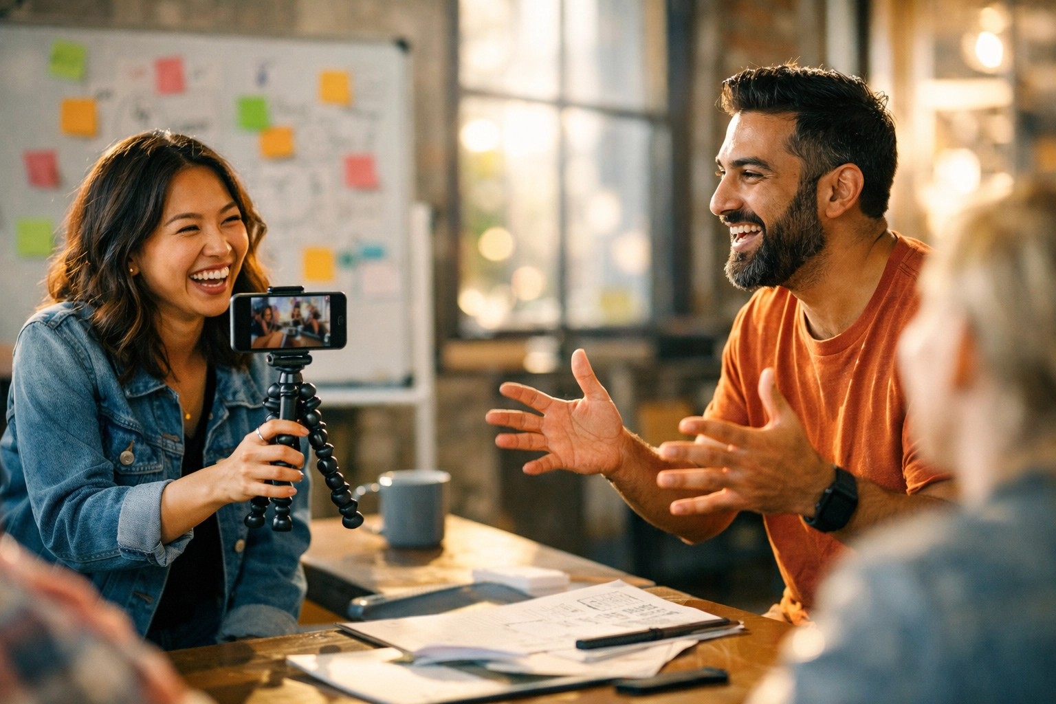 A diverse creative team filming authentic social media content for small business growth in a modern office.