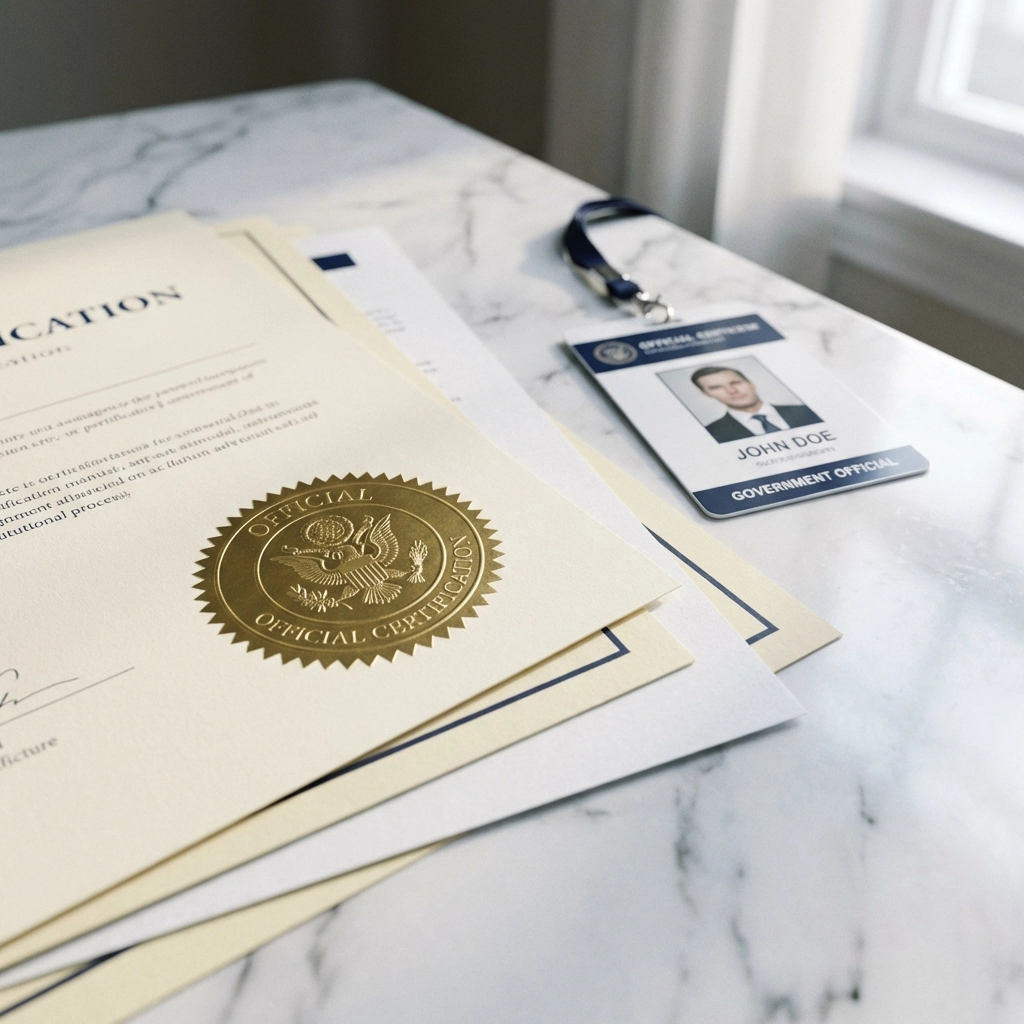 Official tax certification documents and ID badge, illustrating credential requirements for tax professionals