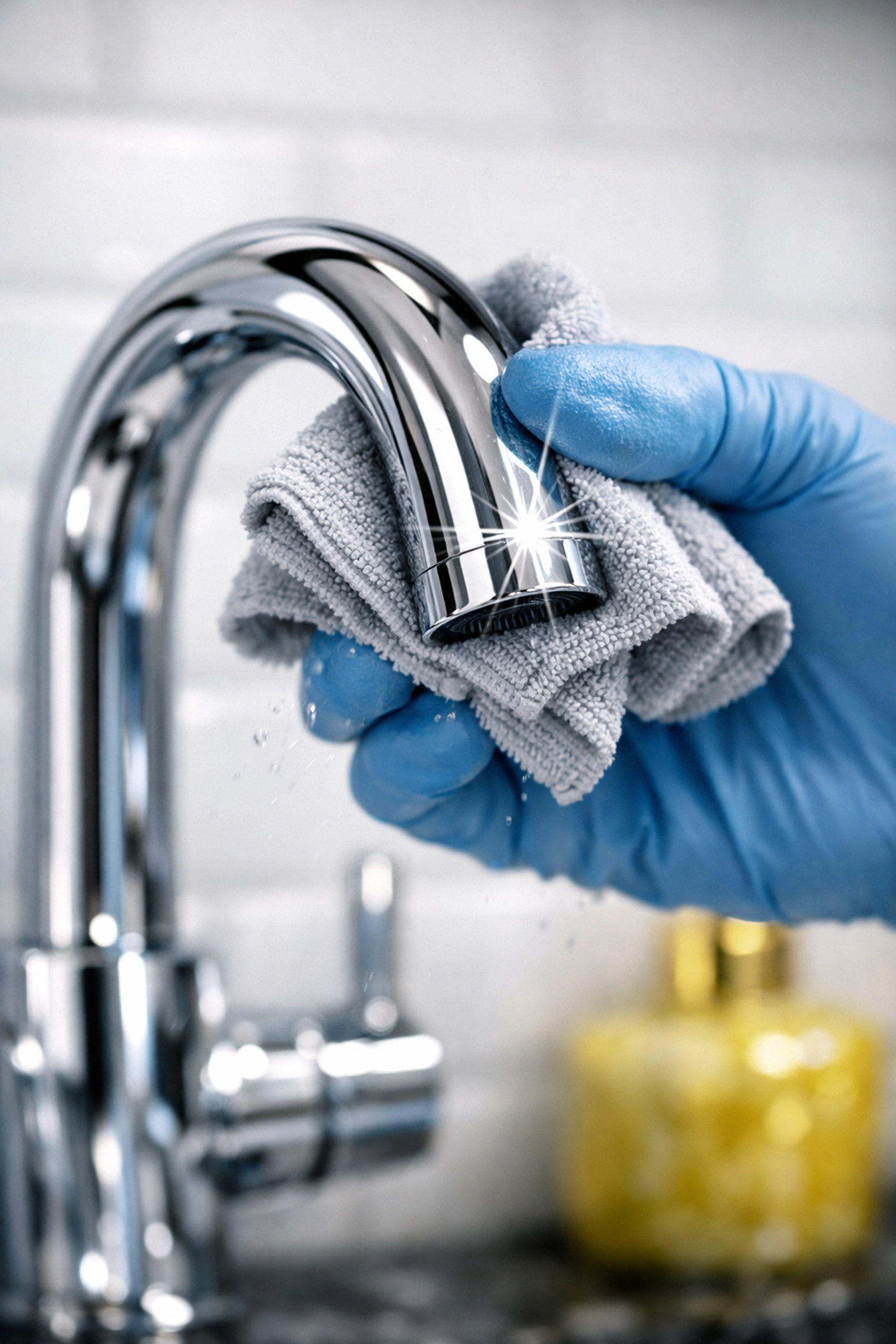 Professional cleaning service in Newton: hand polishing a luxury bathroom faucet to a sparkling shine.