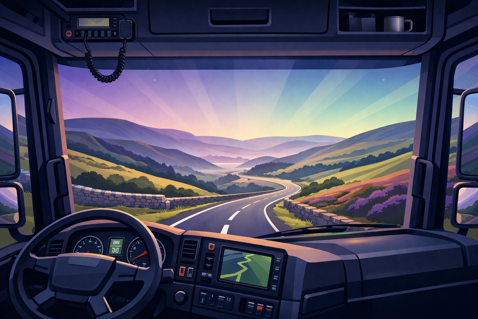 Sunrise view from an HGV cab driving through the scenic Pennines in the North West.