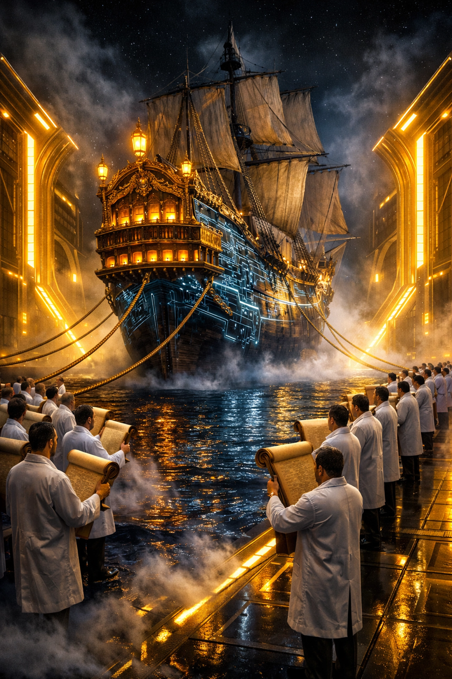 Ornate merchant ship docking at a golden port, symbolizing the maritime berthing process of birth certificates.