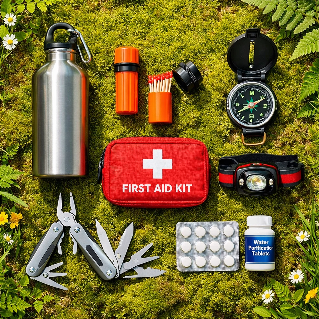 Essential wild camping gear including water bottle, compass, first aid kit and survival tools