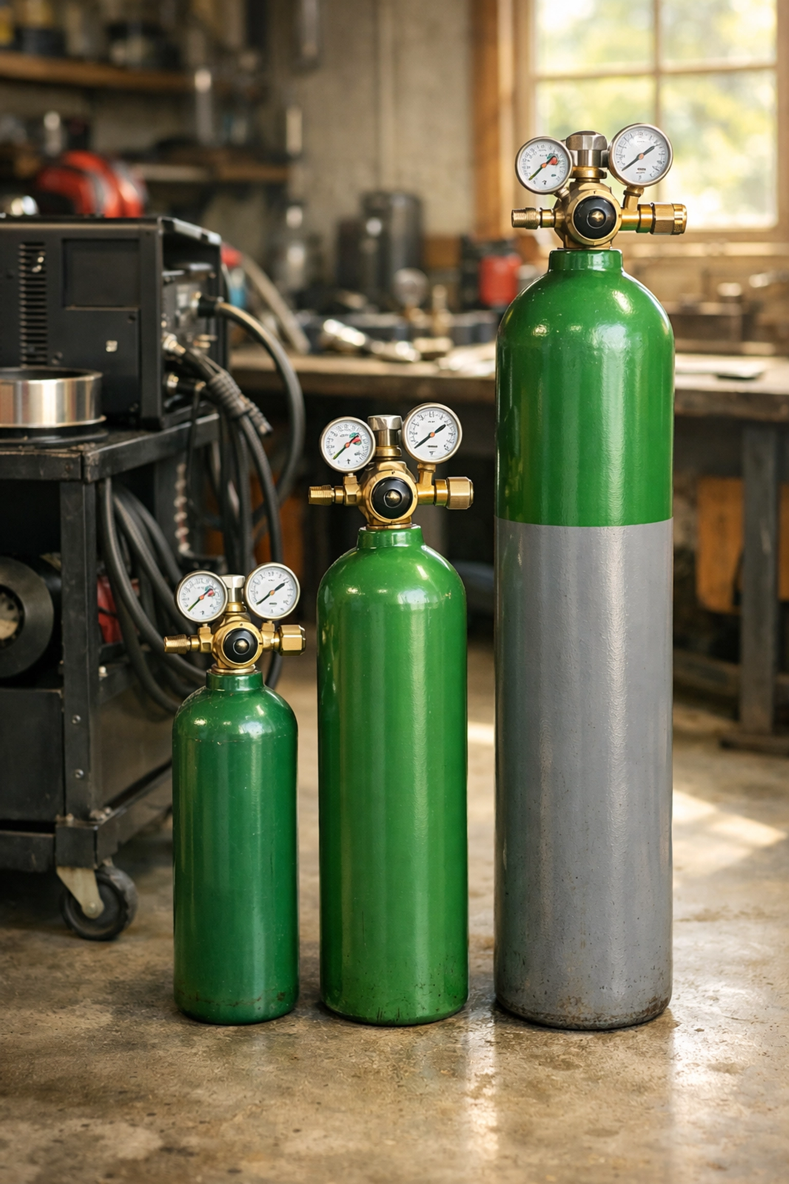 Three MIG gas bottle sizes compared in workshop with regulators and welding equipment