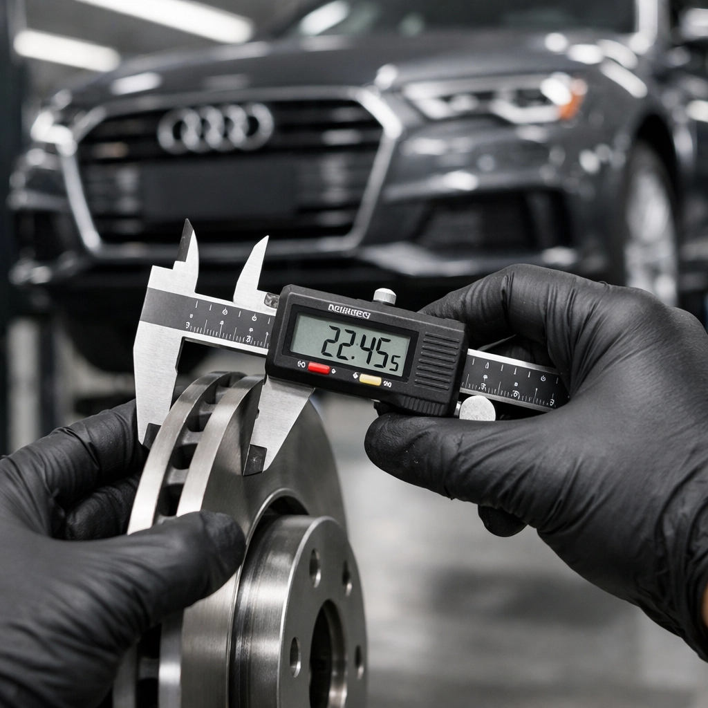 Certified technician measuring brake rotor thickness during a detailed vehicle safety inspection.