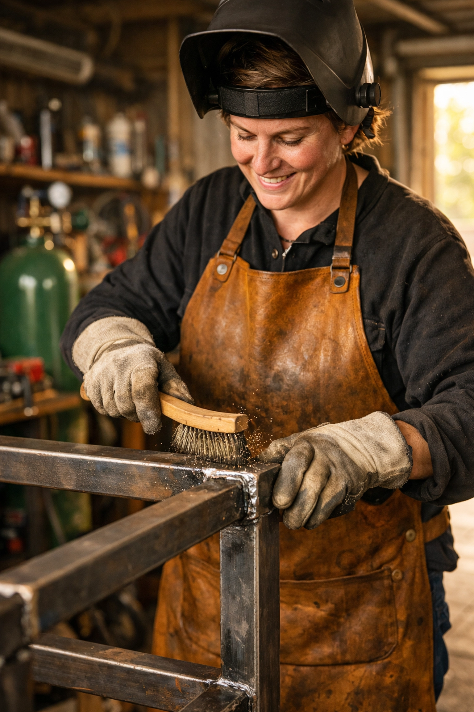 DIY welder preparing steel for MIG welding with a CO2 gas cylinder in a home garage.