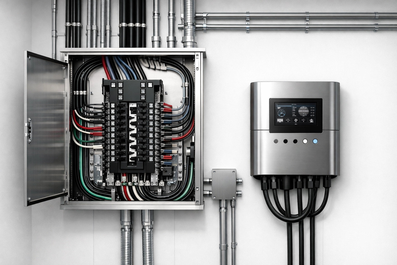 Modern commercial electrical panel and smart load management system for efficient EV charging.