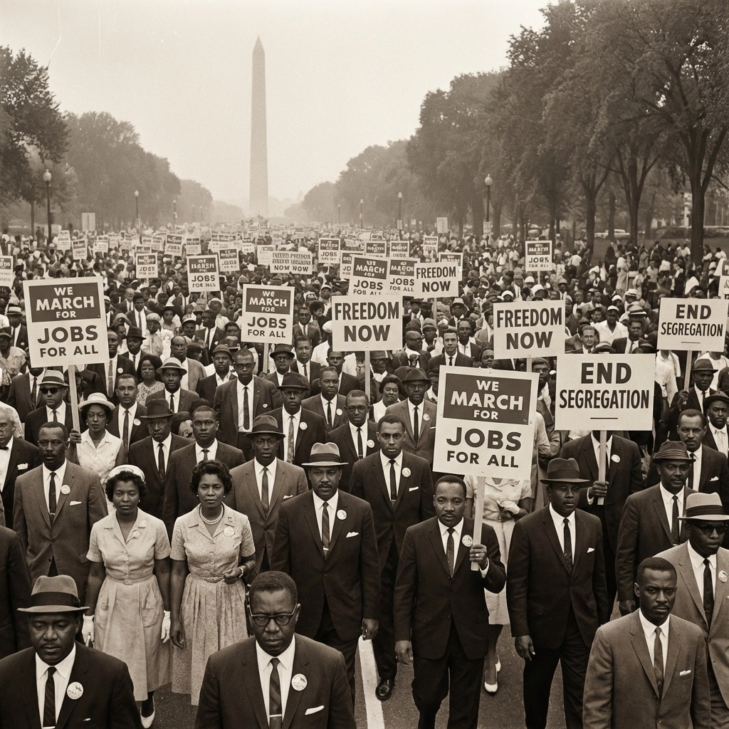 Peaceful Black marchers in 1963 walk toward the Washington Monument, illustrating the Civil Rights Movement's unity.