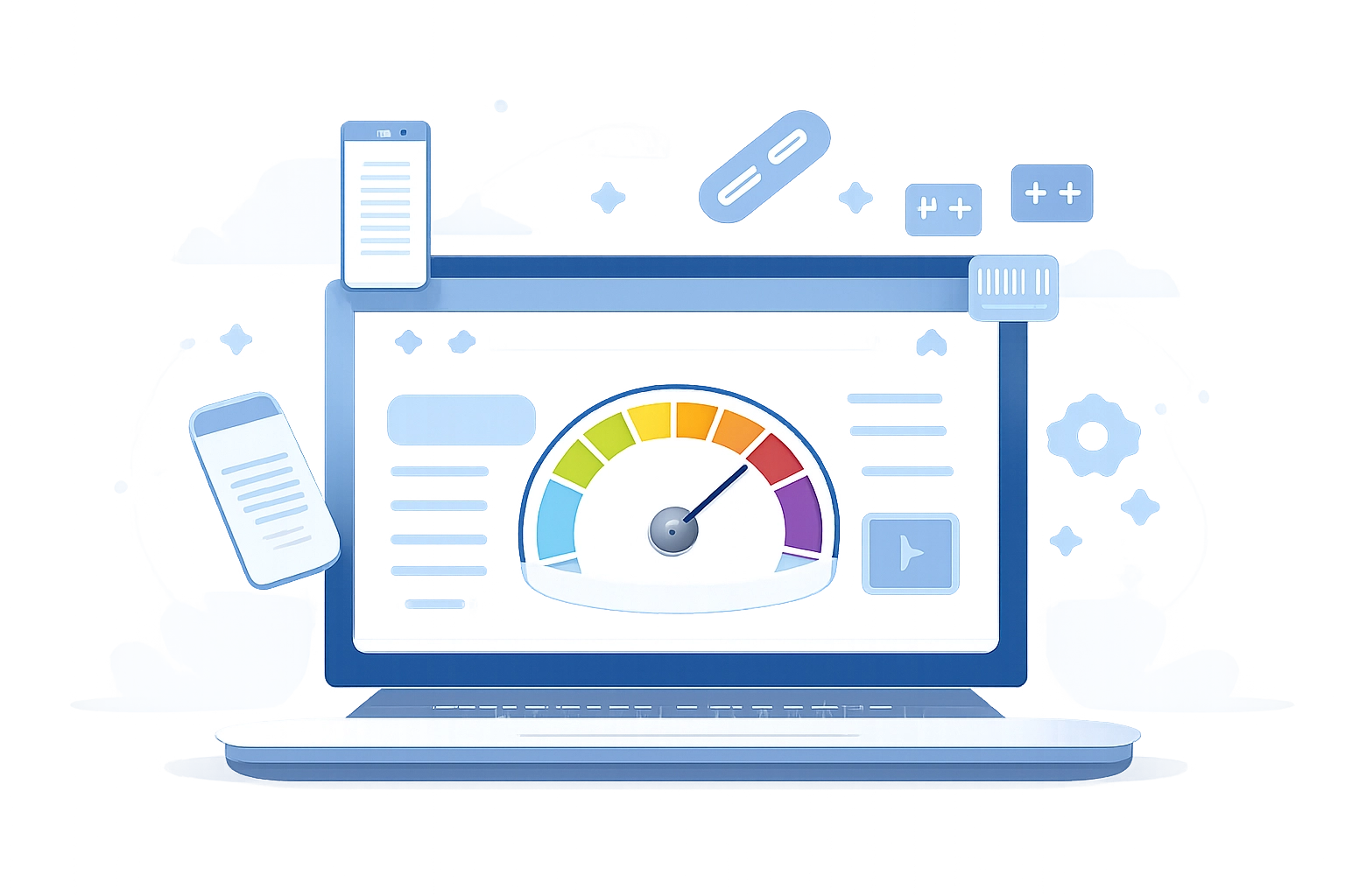 Laptop screen showing a fast website alongside SEO signals like mobile icons and link structures