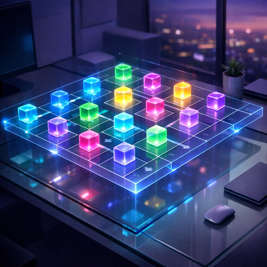 A holographic monthly calendar with colorful blocks representing automated social media marketing strategy.