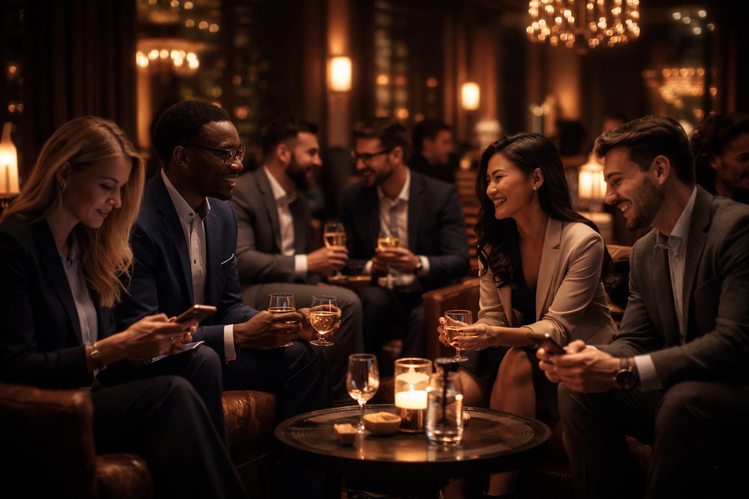 Business guests relaxing and mingling during a comfortable networking break in a stylish urban lounge.