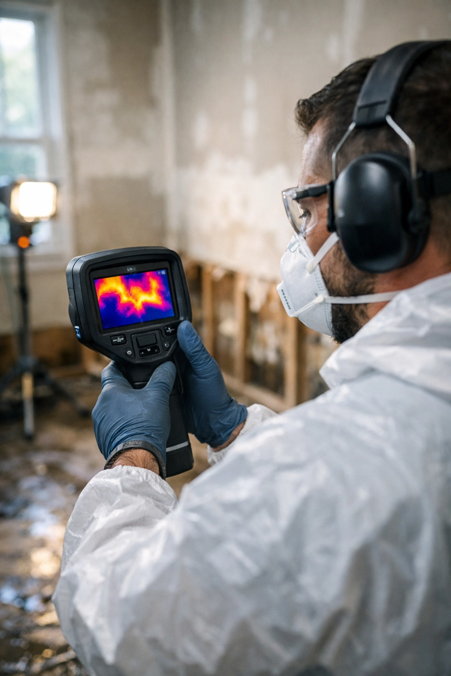 Professional water damage inspection using thermal imaging camera to detect hidden moisture