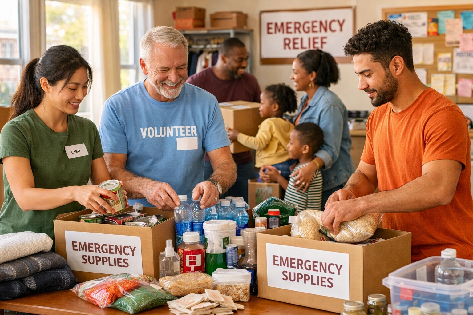 Volunteers organizing emergency supplies and counseling services at community center