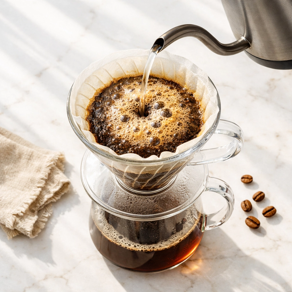 Overhead view of a coffee bloom test showing bubbling grounds during a pour-over brew in a V60.