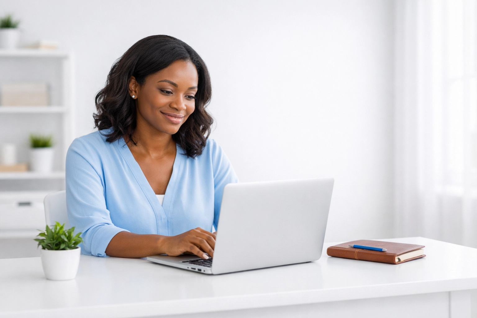 Black woman entrepreneur experiencing peace of mind with organized bookkeeping for small business at her desk.