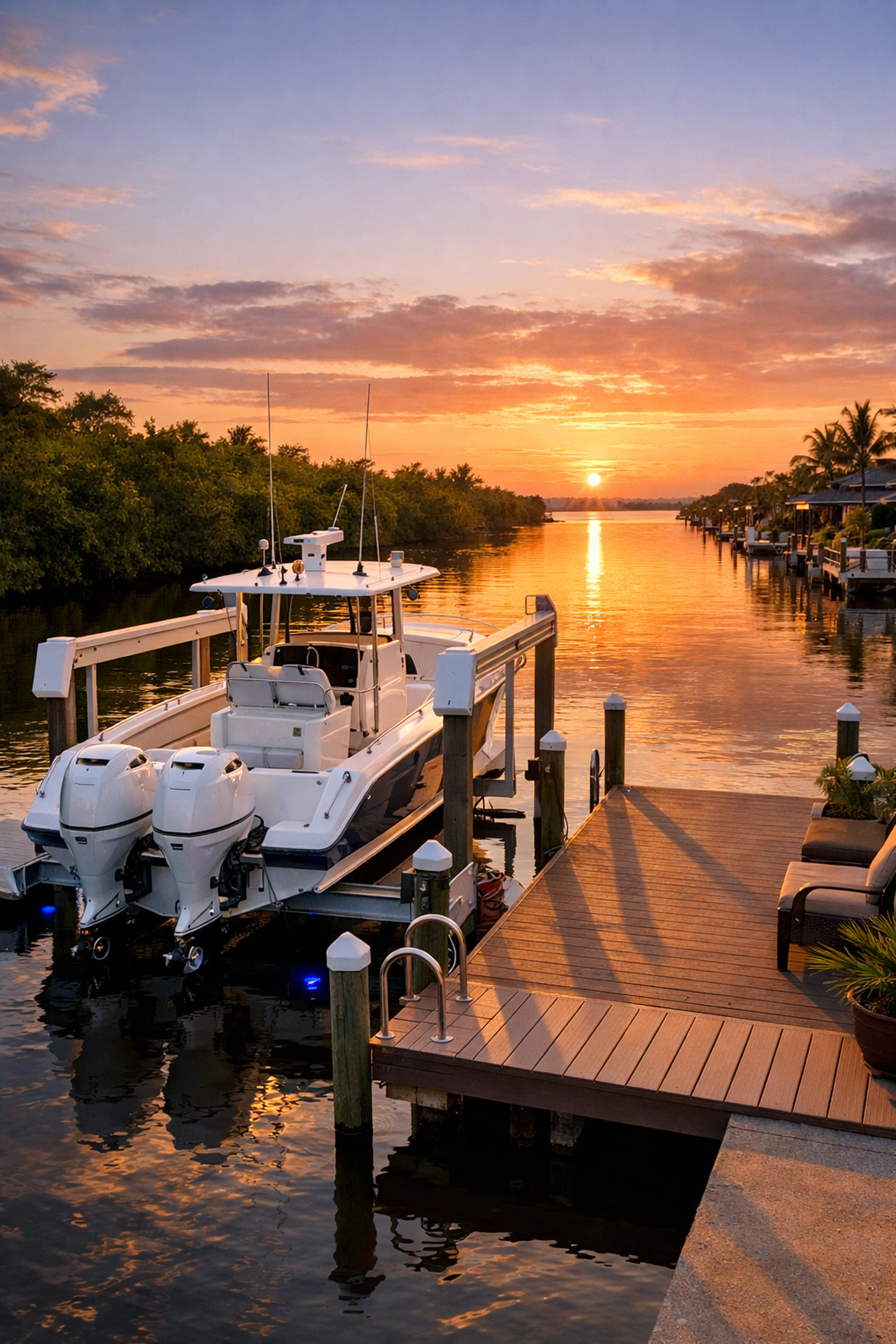 Boat docked on saltwater canal in Northwest Cape Coral with direct water access