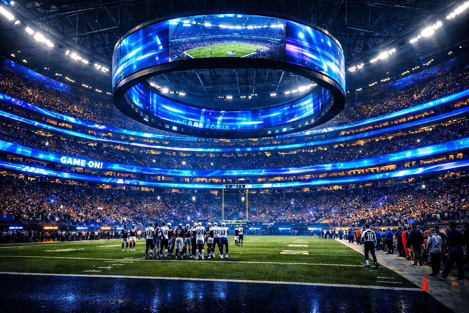 Dynamic digital ribbon boards displaying advertisements inside a packed sports stadium during a night game.