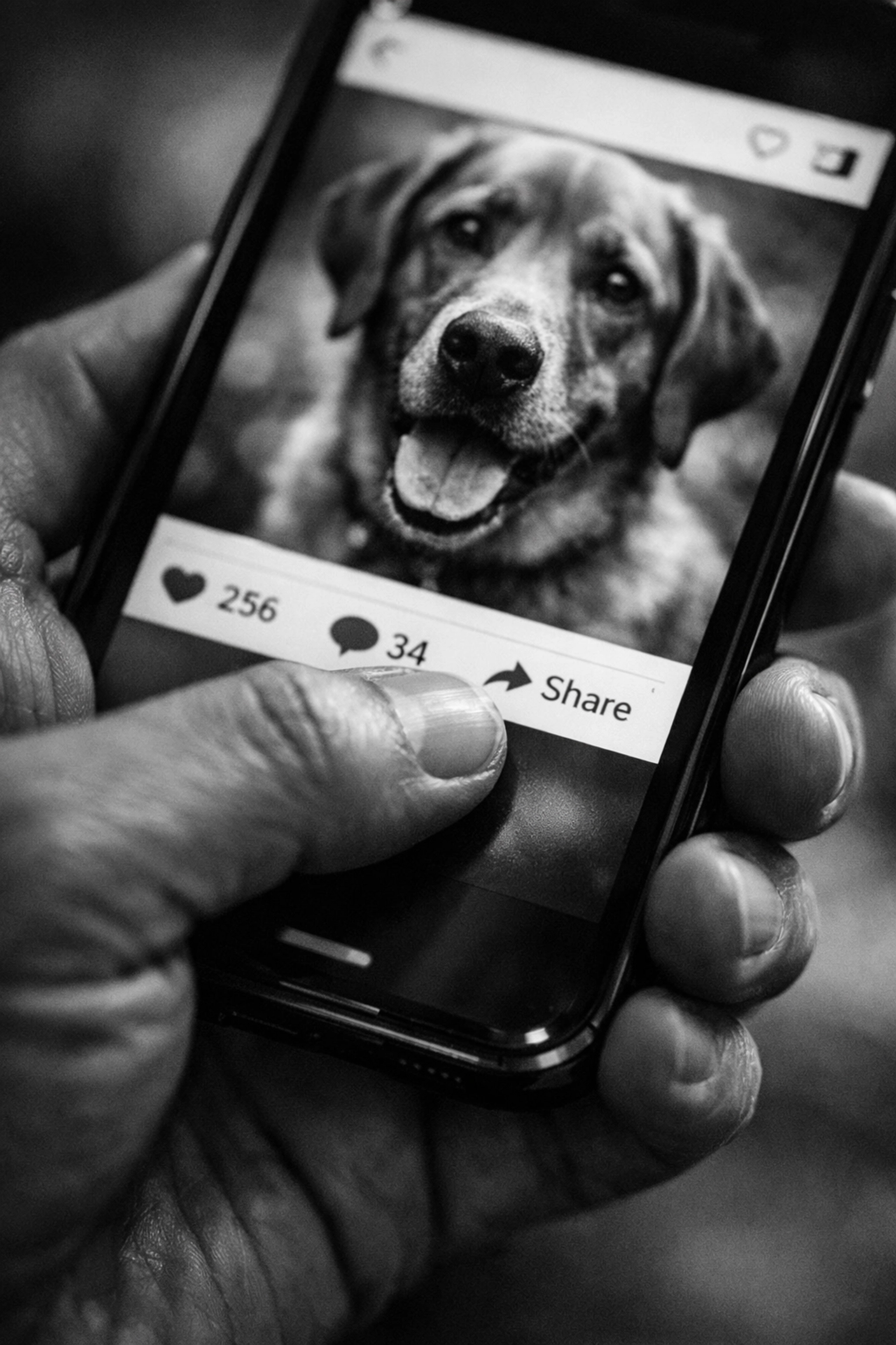 Hand hovering over share button on social media post of adoptable rescue dog