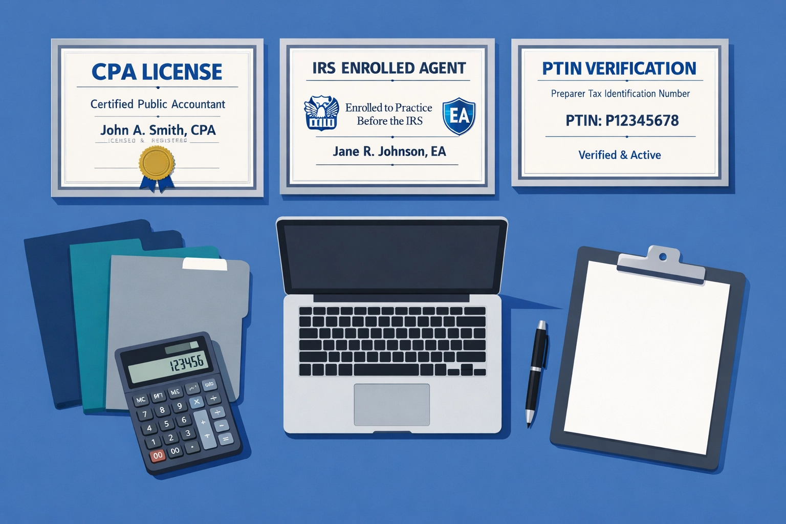 Tax preparer credentials including CPA license and Enrolled Agent certificate