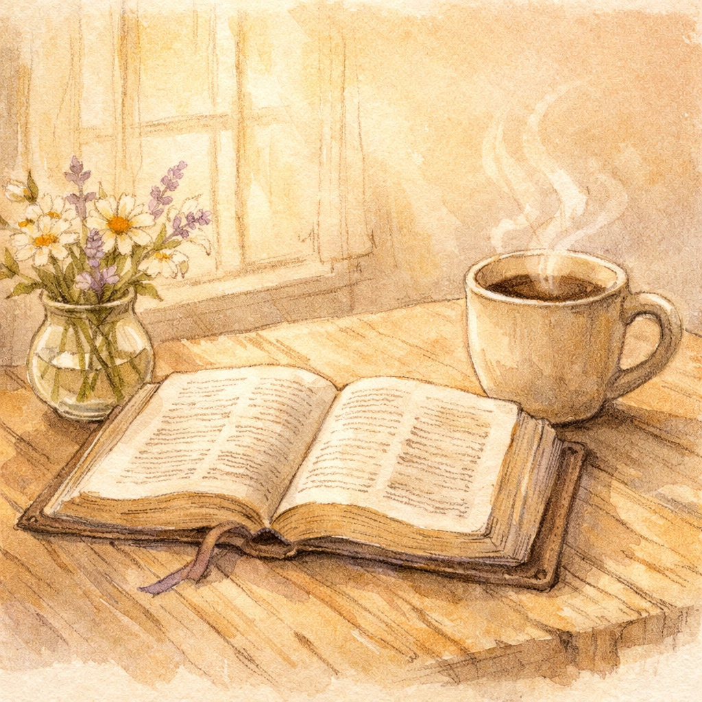 Morning devotional scene with open Bible and coffee for Christian parents seeking rest