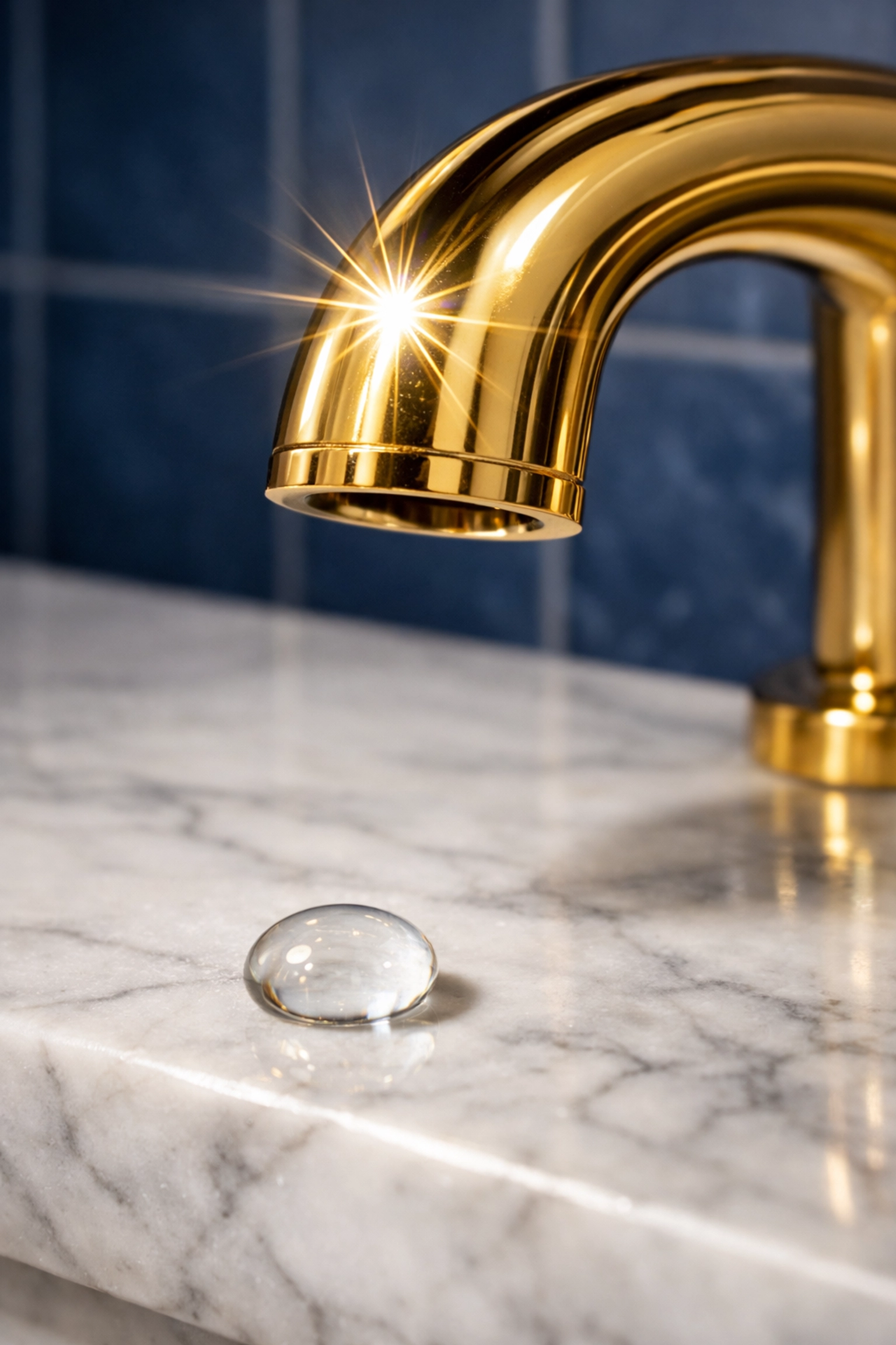 Macro shot of a polished faucet and marble vanity showing the ultimate Marblehead luxury cleaning shine.
