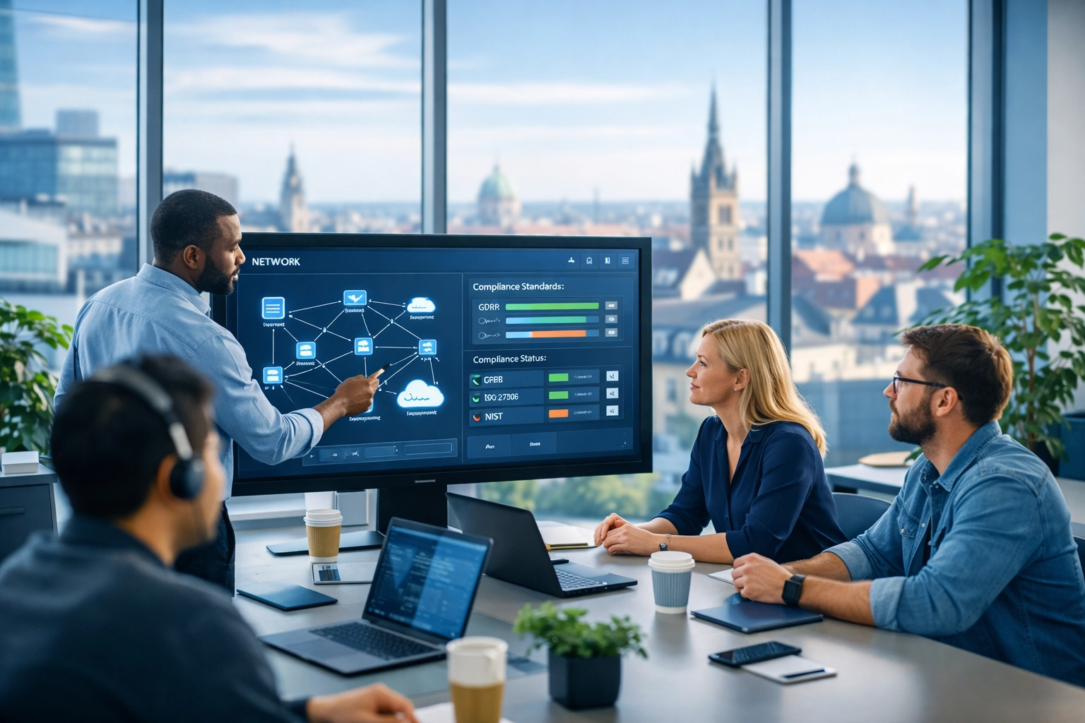 EU IT team collaborating on GDPR-compliant ServiceNow implementation with compliance frameworks