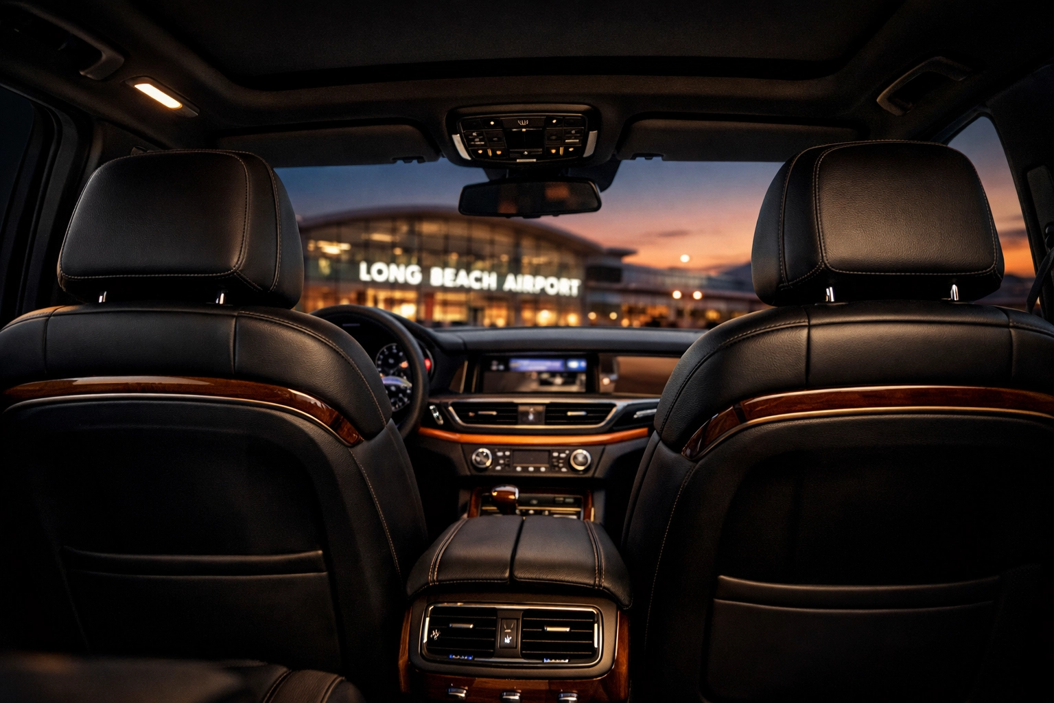 Premium leather interior of luxury sedan en route to Long Beach Airport from Costa Mesa